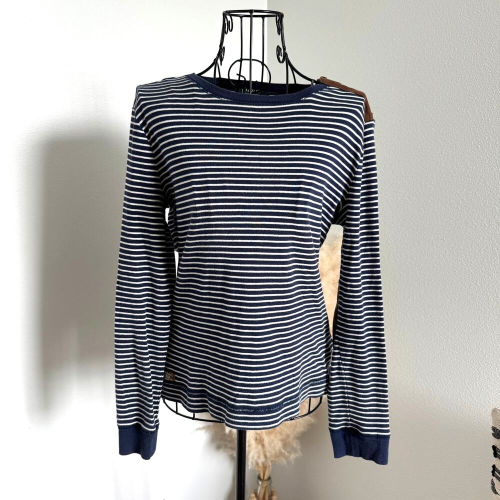Lauren Ralph Lauren Navy Striped Long Sleeve Knit Top Faux Suede Shoulder Patch